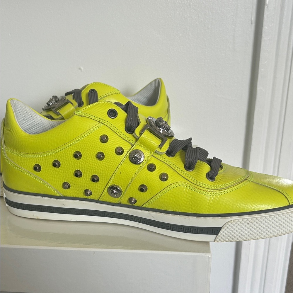Versace Neon Yellow Studded Sneaker with Gunmetal Accents - Picture 6 of 11
